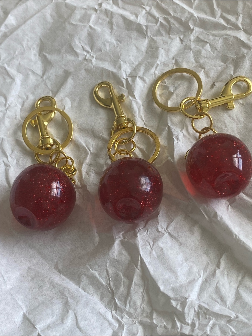 Red Glitter Orb Keychain with Gold Hardware - Set of 3